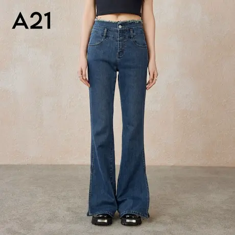 A21女装合体弹力高腰喇叭牛仔长裤蓝色高个子垂感拖地微喇裤女生商品大图