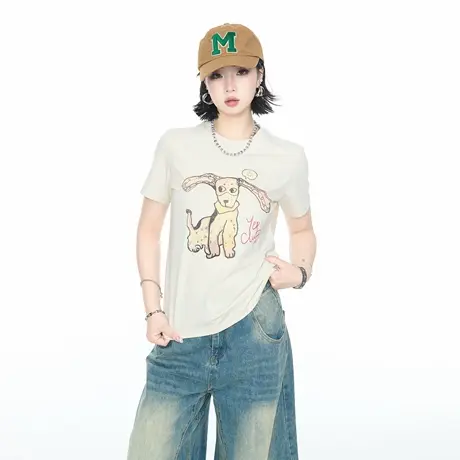 美式复古修身正肩短款狗狗印花短袖T恤女2025夏季新款辣妹上衣潮图片