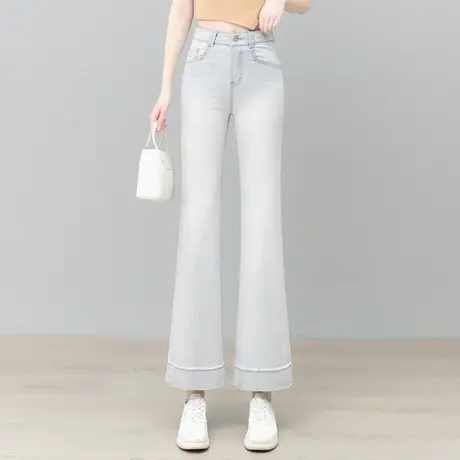 莫兰迪灰弹力刺绣牛仔马蹄裤女夏季薄小个子喇叭裤时尚休闲微喇裤商品大图