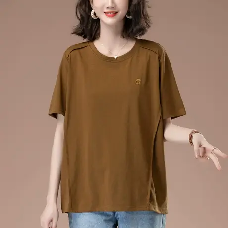 加肥加大码女装短袖t恤夏季新款中老年妈妈纯色宽松休闲半袖体恤商品大图
