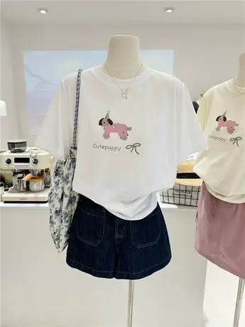 趣味搞怪小狗印花夏季新款韩系卡通减龄宽松短袖T恤女上衣半袖商品大图
