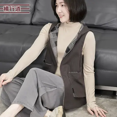 连帽拼格子宽松马甲设计感小众无袖马夹背心春装新款女装开衫外套图片