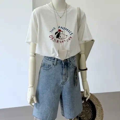 2025夏季新款卡通小狗印花雪花棉轻薄透气短袖t恤女宽松休闲上衣商品大图