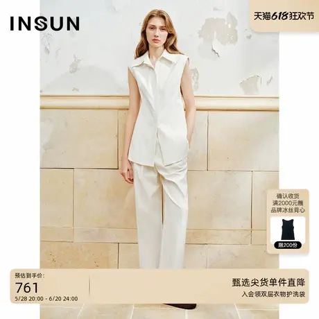 INSUN恩裳夏装老钱风无袖翻领棉麻衬衫商品大图