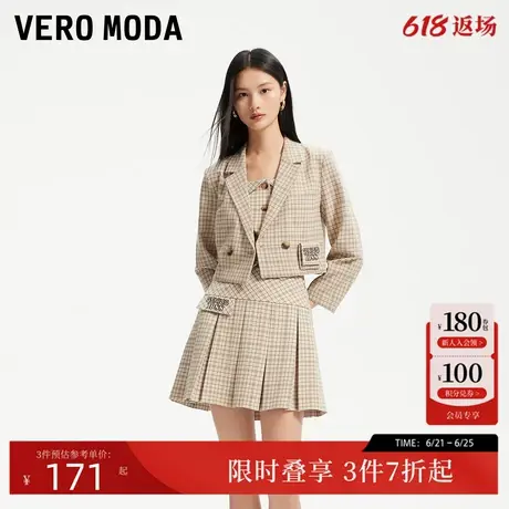 Vero Moda西装夏季格纹短款双排扣九分袖甜酷学院风套装324108022图片