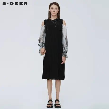 sdeer圣迪奥复古肌理褶皱不规则背带连衣裙S222Z12V6商品大图