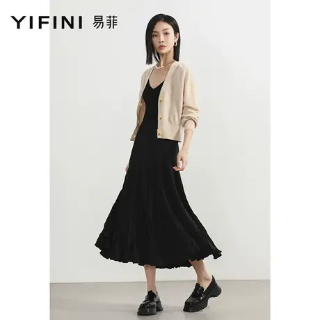 Yifini/易菲宽松大摆百褶中长款半身裙女夏季新款百搭A字半裙图片