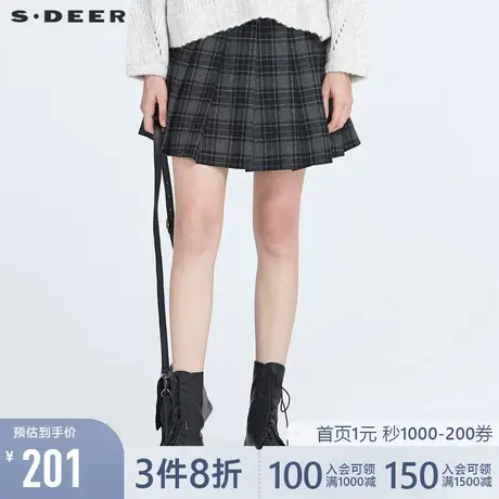 sdeer圣迪奥春季女装可爱学院风撞色格纹短款毛呢百褶裙S20481310商品大图