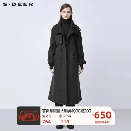 sdeer圣迪奥女装复古高领收腰撞色格纹直筒毛呢大衣S21481814♉商品大图