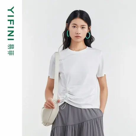 [专柜同款]Yifini/易菲简约圆领抽褶显瘦百搭T恤上衣女D04Z1017图片