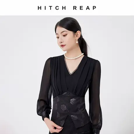 希区瑞普高端设计师春夏新品小香风上衣V领拼接雪纺衬衫商品大图