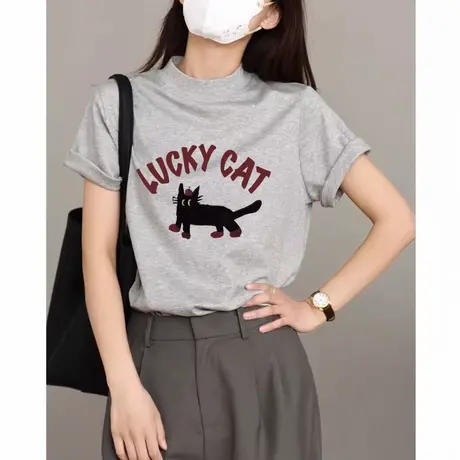 简约半高领纯棉白色t恤女短袖宽松胖mm打底体恤2025新款正肩上衣商品大图