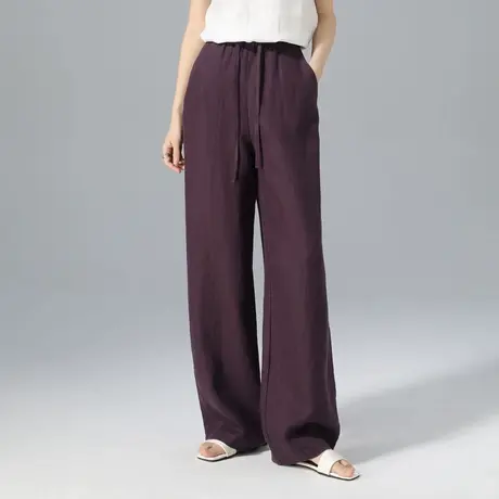 天丝亚麻阔腿裤女夏季薄款2025新款高腰显瘦宽松直筒裤夏紫色裤子图片