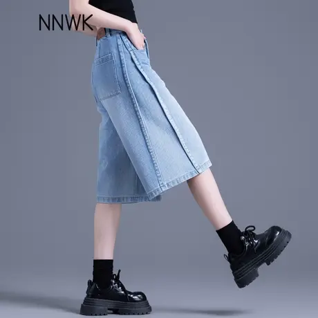 浅蓝色五分阔腿短裤牛仔裤女2025新款夏薄款宽松直筒天丝直筒中裤商品大图