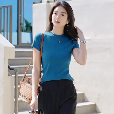 半高领短袖t恤女夏季新款弹力棉紧身内搭外穿中领修身上衣打底衫图片