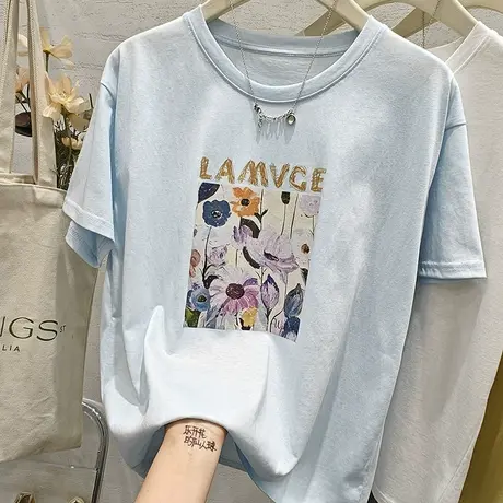 韩系复古油画印花雪花棉宽松短袖T恤女2025夏季显瘦上衣体恤衫潮商品大图