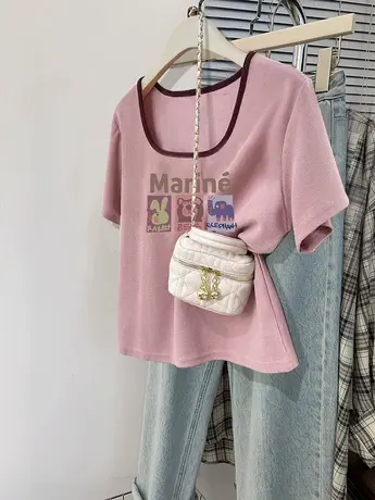 正肩短袖t恤女2024新款爆款夏季短款闺蜜装ins潮法式小众方领上衣图片