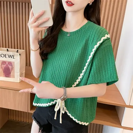 不规则开叉蝴蝶结短袖t恤女2025新款夏季韩版宽松小个子短款上衣图片