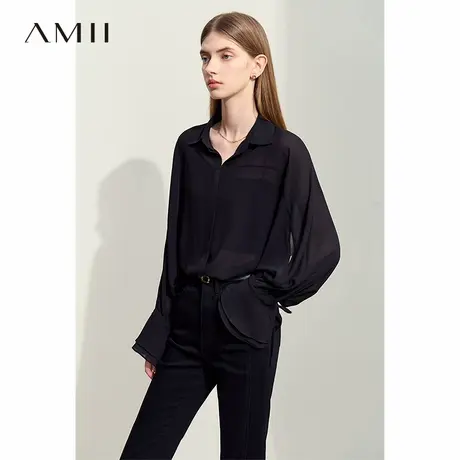 Amii2025夏新款通勤翻领镂空绑带荷叶边袖口雪纺衫女微透视薄上衣商品大图