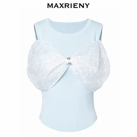 【奥莱】MAXRIENY拼接蝴蝶结网纱无袖套头针织背心截短上衣女商品大图