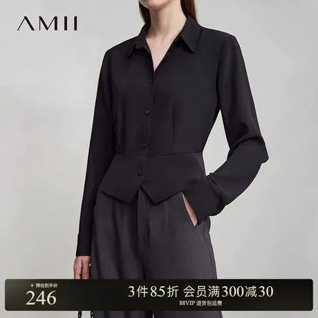 Amii2025秋新款极简通勤风知性翻领合体短款长袖收腰雪纺衫女图片