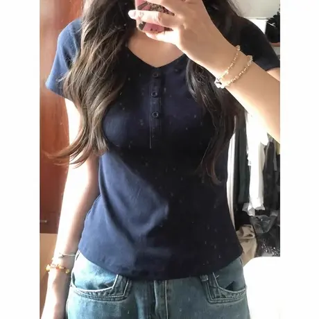 小个子短款短袖T恤女2025夏季新款韩版修身正肩chic甜辣半袖上衣图片