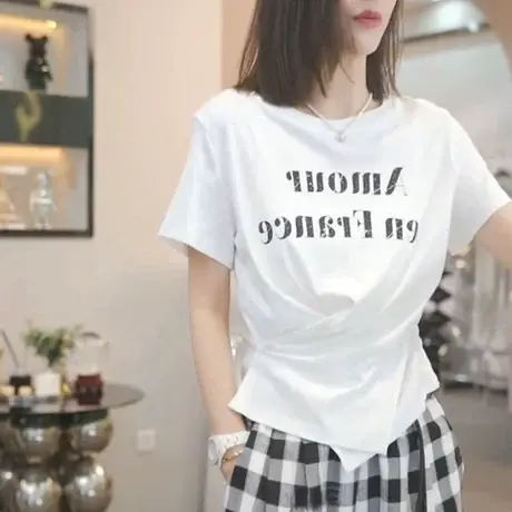 设计感不规则交叉收腰短袖T恤女2025夏季新款韩系圆领显瘦上衣图片