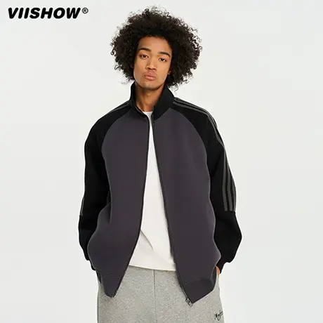 VIISHOW美式复古三条杠撞色插肩开衫卫衣男女春秋宽松休闲外套潮商品大图