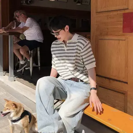 2025夏季新款短袖T恤潮牌ins潮流宽松针织百搭个性轻熟条纹polo衫图片