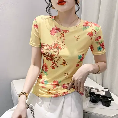 复古印花短袖T恤女2024夏装新款洋气网纱上衣修身圆领半袖小衫ins商品大图
