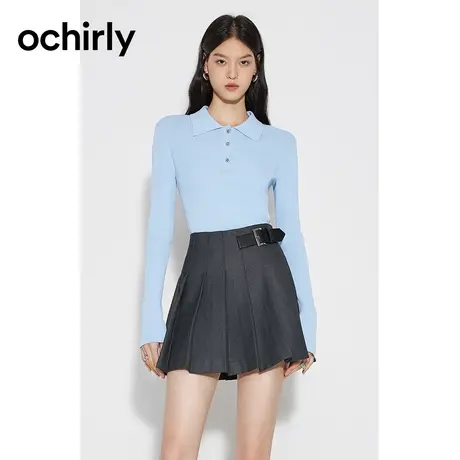 【品牌甄选】欧时力 修身Polo针织衫23新款秋装上衣撞色显瘦气质-商品大图