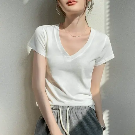 简约V领短袖T恤女装2025夏季新款正肩宽松休闲显瘦纯色内搭打底衫图片