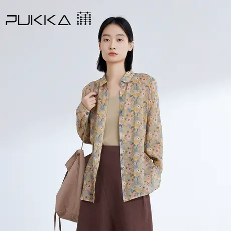 蒲PUKKA 夏新款女法式经典苎麻印花衬衫上衣商品大图