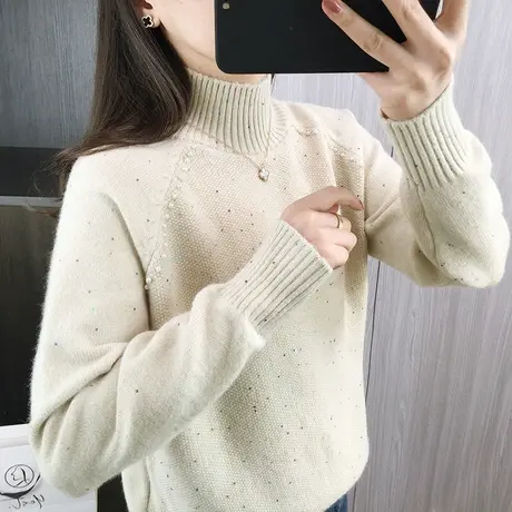 半高领针织衫女士打底衫秋冬季2024新款亮丝毛衣春秋宽松套头上衣商品大图