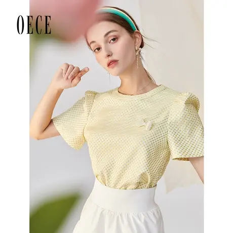 Oece春夏装新款女装可爱文艺显白减龄圆领泡泡短袖上衣衬衫商品大图