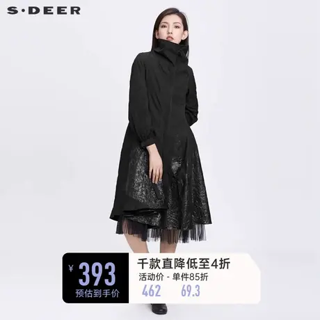 sdeer圣迪奥春装高领肌理褶皱网纱A字中长款风衣S22181807图片