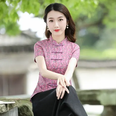筠雅唐装女中国风旗袍上衣女夏改良高端短袖素衣茶服中式禅意女装商品大图