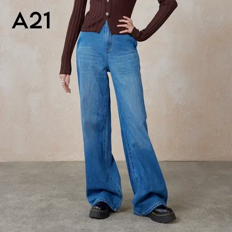 A21女装宽松中腰阔腿牛仔裤春秋季休闲通勤百搭复古简约直筒长裤商品大图