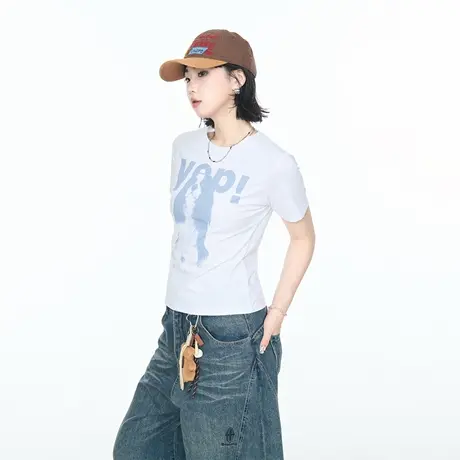 美式复古创意印花短款正肩短袖T恤女2025夏季新款修身显瘦上衣图片