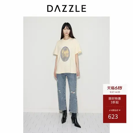 DAZZLE地素奥莱 T恤秋季女装简约字母立体图案刺绣圆领上衣图片