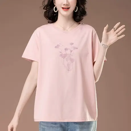 短袖t恤女夏季新款加大码女装宽松中年妈妈重工刺绣洋气半袖体恤商品大图
