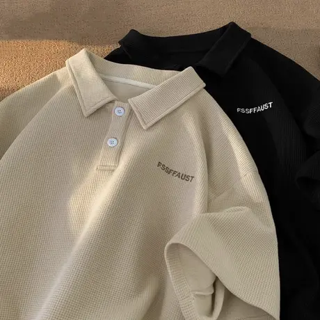 bf慵懒风华夫格短袖T恤女夏装韩版百搭宽松显瘦Polo领半袖上衣服商品大图