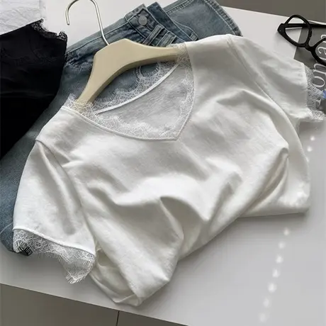 韩系高级感蕾丝拼接短袖T恤女夏季宽松韩版设计感小众V领半袖上衣图片