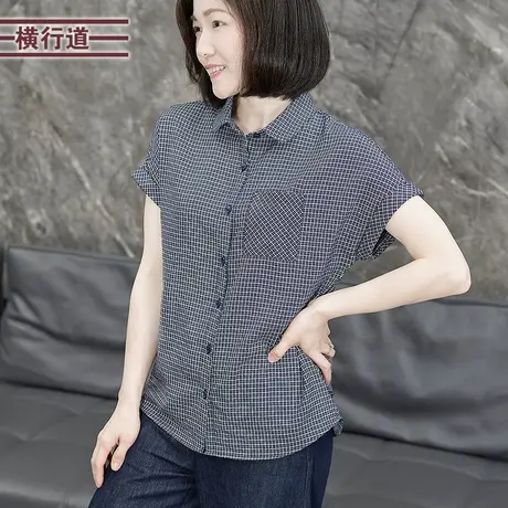 单排扣格子连肩袖短袖衬衫格纹衬衣复古上衣大码宽松女装2025夏装商品大图
