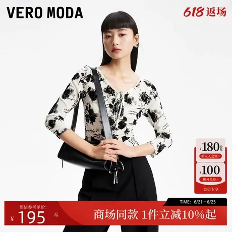 Vero ModaT恤24秋季新款玫瑰植绒印花修身显瘦V领七分袖324330007商品大图