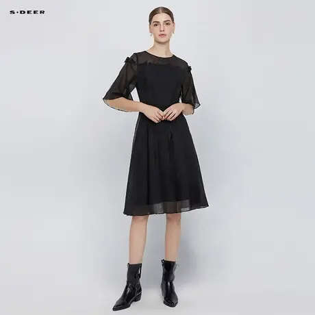 sdeer圣迪奥女装圆领绣花雪纺收腰网纱短袖连衣裙S242Z1216商品大图