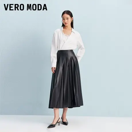 Vero Moda半身裙2025秋季新款高腰立体压褶PU长裙时尚百搭气质商品大图