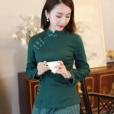 唐装女 中国风职业套装女显瘦减龄套装裙条纹茶服上衣民族风女装商品大图