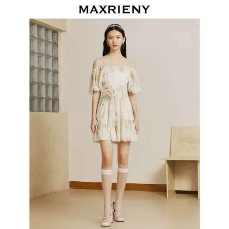 MAXRIENY仙美海边度假露肩碎花连衣裙2023夏季新款印花吊带短裙图片