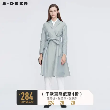 sdeer圣迪奥秋装休闲翻领暗褶拼接收腰长款大衣女S21181810😜商品大图